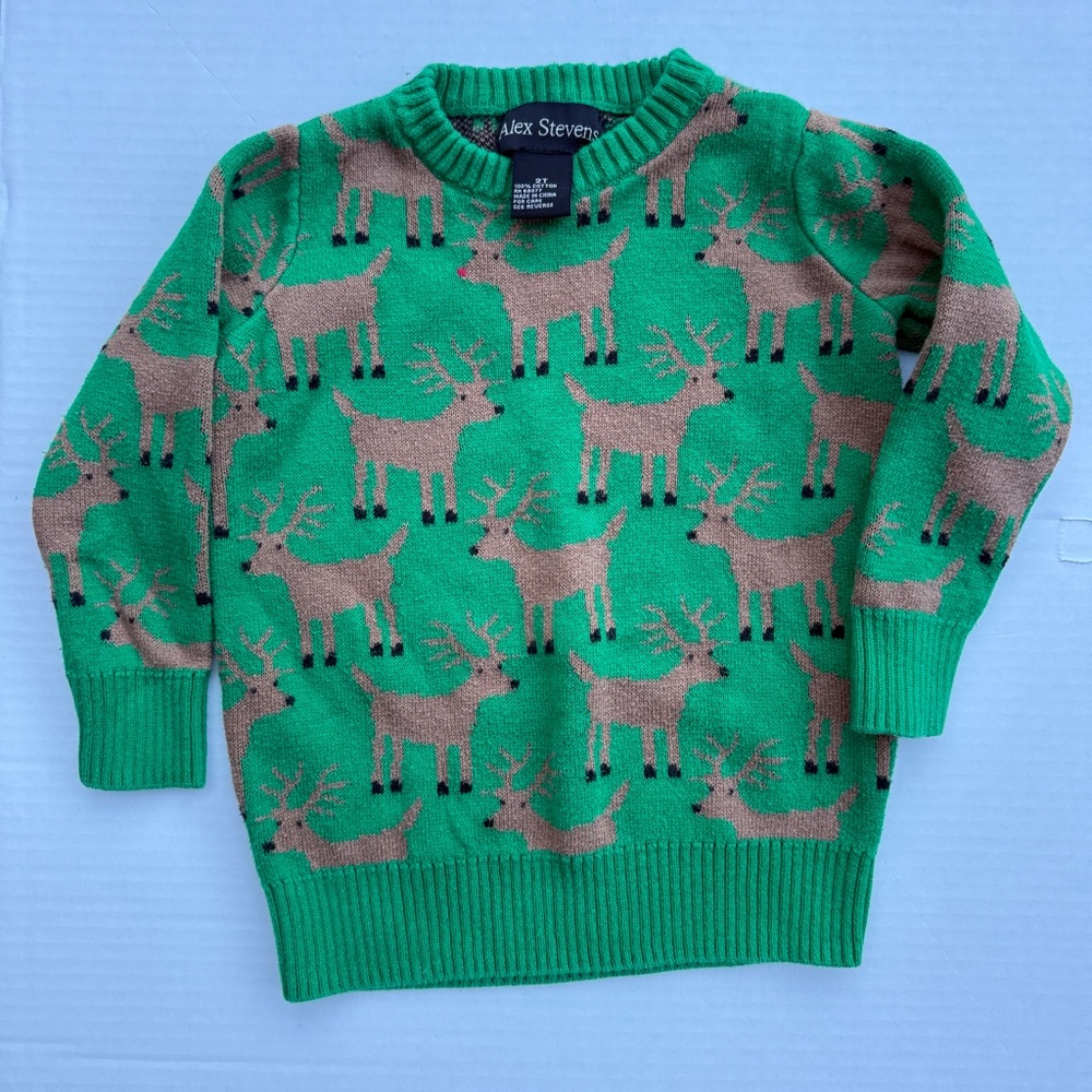 🦌 boys  Reindeer Holiday Sweater | Toddler Boys 2T | Green Cotton Knit